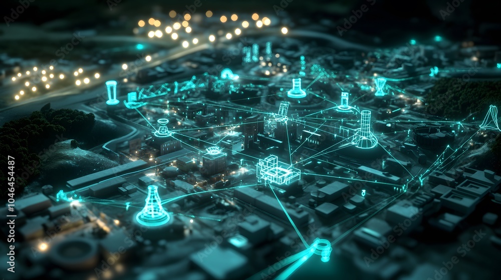 Poster an aerial view of a smart city with digital lines connecting buildings, representing communication, 