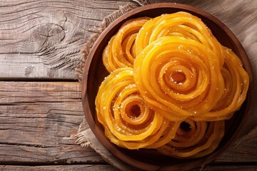 Gujarati snack of crispy Fafda and sweet Jalebi View from the top on wooden background