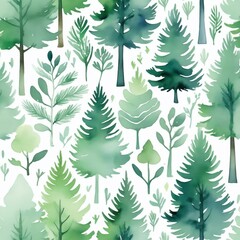 Muted Green Watercolor Evergreen Trees Pattern - Seamless tile