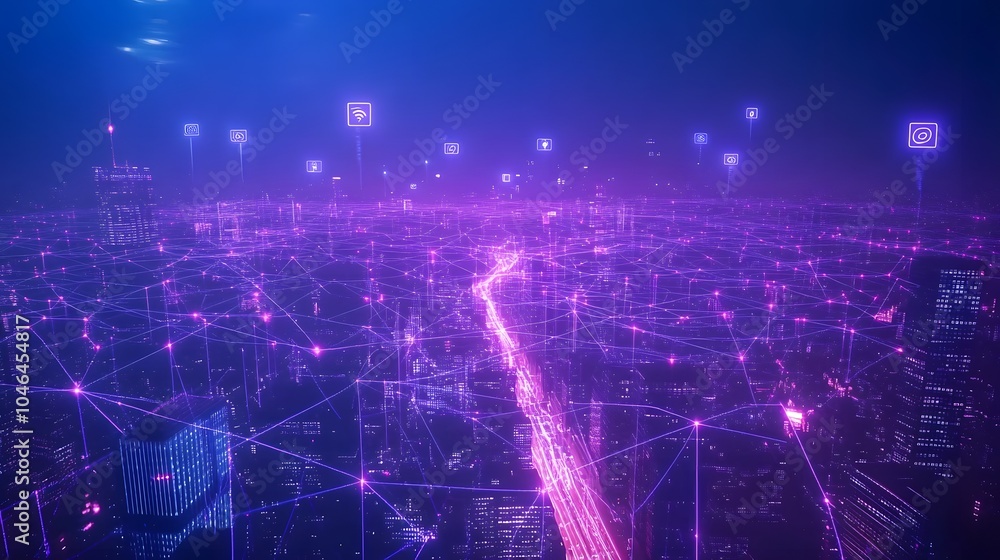 Poster a digital cityscape with interconnected nodes and glowing purple network lines representing data tra