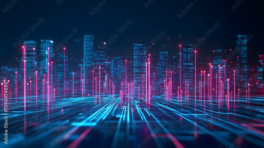 Poster a digital cityscape with glowing red and blue data streams and tall skyscrapers, symbolizing advance