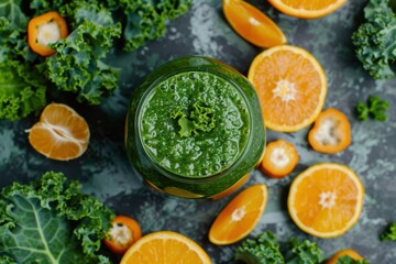 Healthy breakfast concept with fresh organic kale and tangerine smoothie Fiber for stomach health