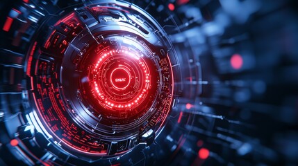 Metallic security robot close-up, red LED sensors glowing, detailed circuitry visible, robotic guard, AI-driven security technology