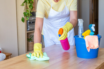 Home Cleaning Service Worker Using Spray Bottle And Bucket Of Cleaning Products For Efficient Dust And Germ Removal.Home Cleaning Concept