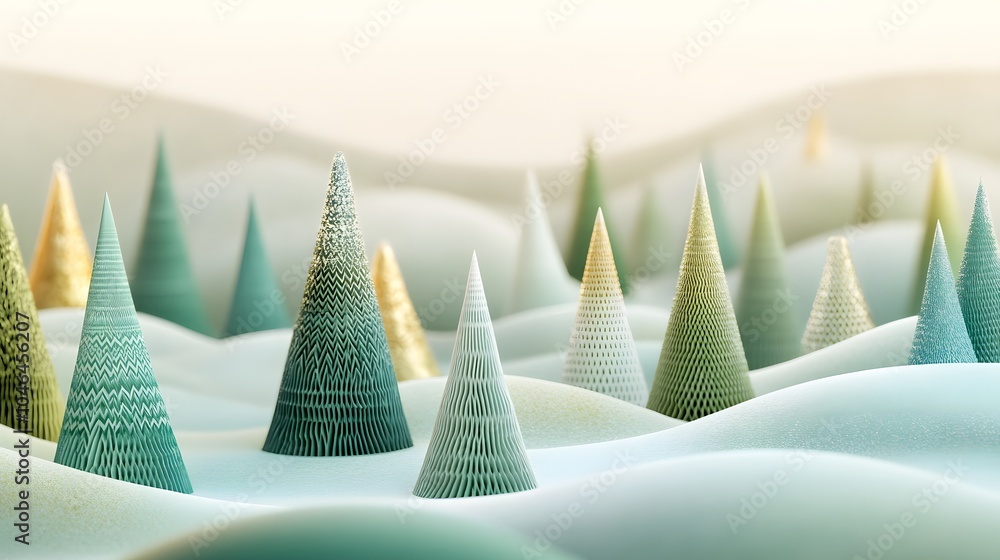 Poster a stylized winter scene featuring abstract trees in muted tones, set against a textured background, 