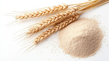 A detailed macro shot of fresh wheat ears laid on a white background, with finely ground flour in piles nearby, showing texture and natural color contrast
