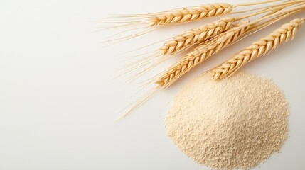 A detailed macro shot of fresh wheat ears laid on a white background, with finely ground flour in piles nearby, showing texture and natural color contrast