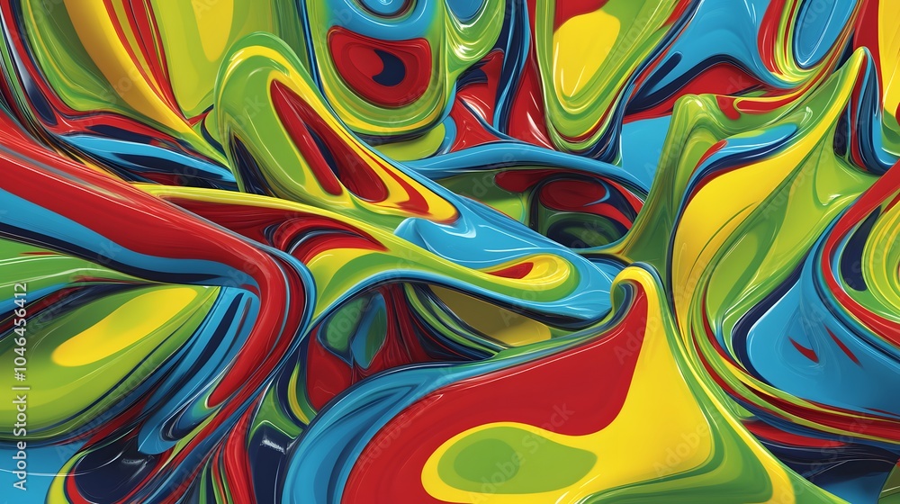 Poster abstract fluid design with bold swirls of red, blue, yellow, and green, creating an energetic and dy