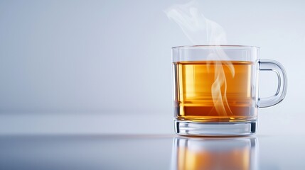 A glass cup of hot tea, steam rising slowly in a minimalist setting, pure white background, soft reflections on the glass