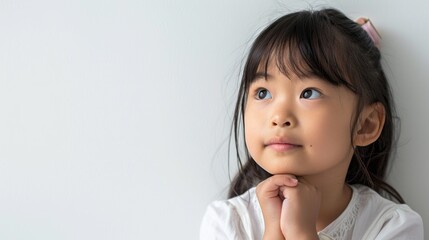 Adorable Young Girl with Thoughtful Expression Against White Background
