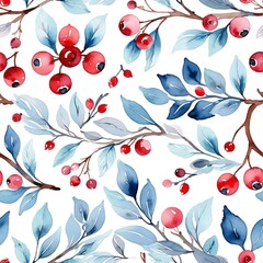 Seamless Watercolor Christmas Floral Pattern, Winter Blue Branches, Snow and Red Cranberries Illustration, Festive Wallpaper Swatch - Seamless tile