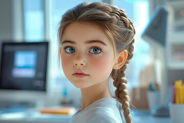 A young girl with blue eyes looking at the camera
