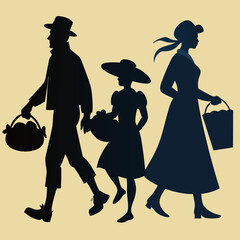 a silhouette of-a pilgrim family walking with basket