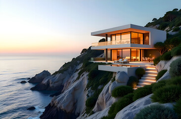 Fototapeta premium modern villa embedded into the side of a cliff by the sea