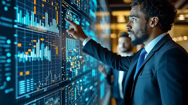 Businessman analyzing financial data on a digital screen in a modern office