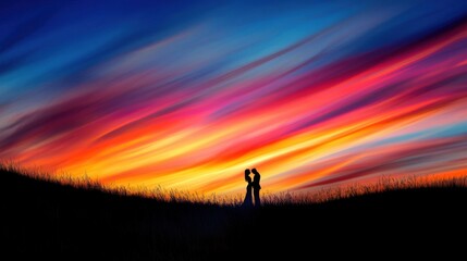 Fototapeta premium A romantic sunset silhouette of a couple holding each other close, with the warm colors of the sky creating a serene, intimate mood.