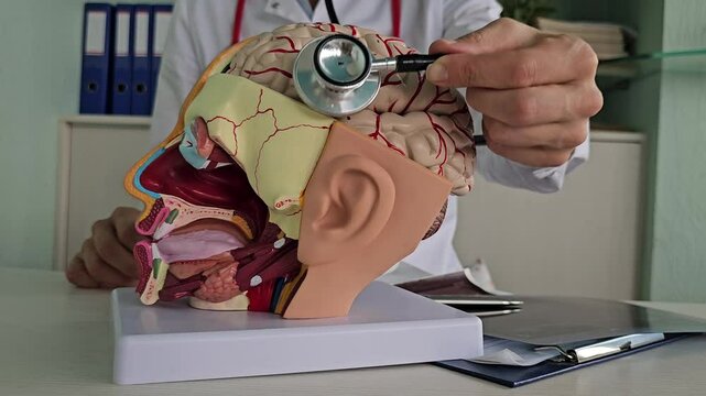 A neurologist studies a detailed anatomical model of a human head using a stethoscope. 