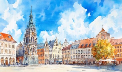 Fototapeta premium Watercolor View of the Old Town Ratslaukums square, Roland Statue, The Blackheads House and St Peters Cathedral against blue sky in Riga, Latvia. Summer sunny day