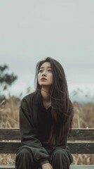 Fototapeta premium Pensive Young Woman Sitting on Bench Outdoors in Natural Setting