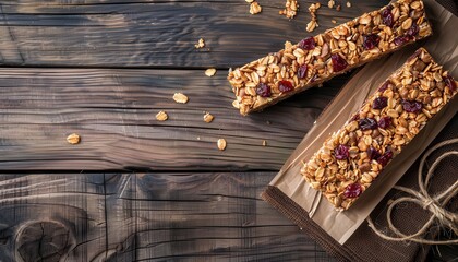Healthy vegetarian snack Organic homemade granola bars on rustic wooden backdrop