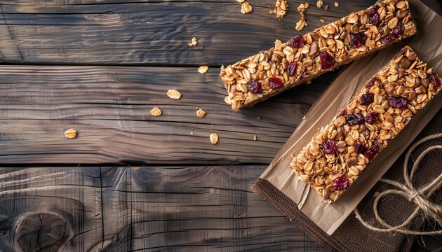 Healthy vegetarian snack Organic homemade granola bars on rustic wooden backdrop