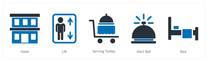 A set of 5 summer and travel icons as hotel, lift, serving trolley