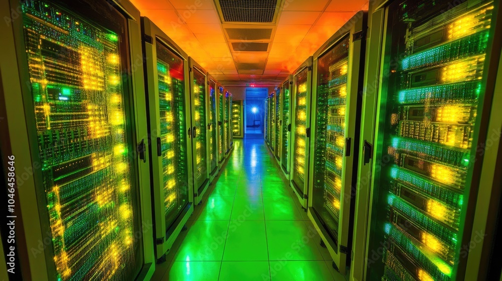 Poster brightly lit data center with colorful server racks