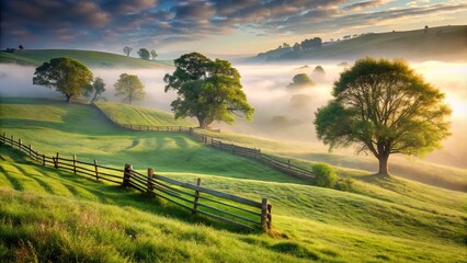 Fototapeta premium Golden Light Bathes Rolling Hills and a Foggy Valley at Dawn, with a Rustic Wooden Fence Winding Through the Lush Green Landscape