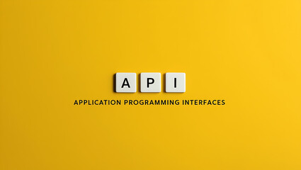 Obraz premium API, application programming interface on a yellow background with three wooden blocks text API