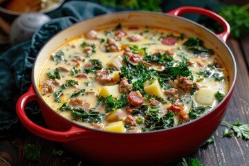Hearty Tuscan soup with Italian sausage kale bacon and potatoes in red pot on wooden table