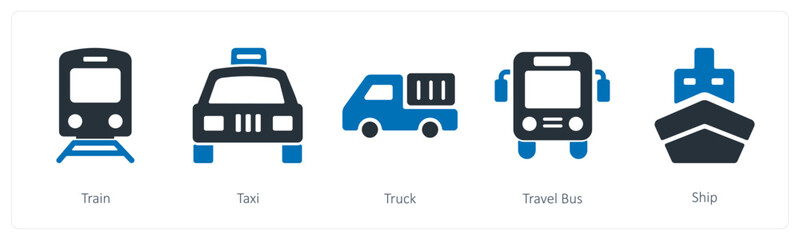 A set of 5 summer and travel icons as train, taxi, truck