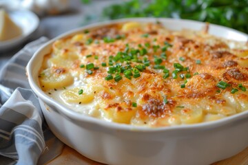 Homemade casserole with cheesy hashbrowns potatoes and cream