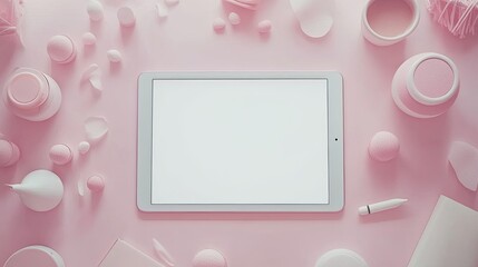 Pink Flat Lay with Tablet and Minimalist Accessories