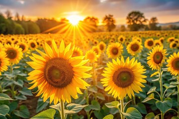 Obraz premium Field of tall sunflowers with golden light filtering through the petals, photorealistic, scenery, countryside