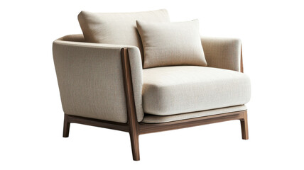 Stylish modern armchair with beige fabric and wood legs placed on a transparent background ideal for interior design showcases.