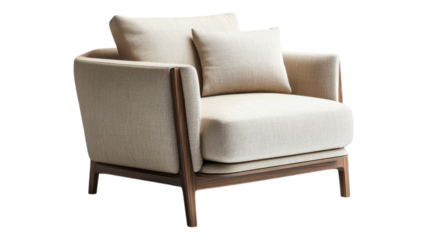 Stylish modern armchair with beige fabric and wood legs placed on a transparent background ideal for interior design showcases.