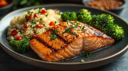 Grilled salmon with quinoa and broccoli on a plate.