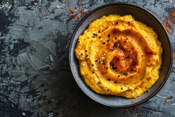Hummus made with sweet potato or pumpkin in a gray bowl