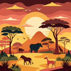 African landscape silhouettes of animals. hand drawing. Not AI, Vector illustration.