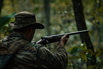 Fototapeta premium Hunter preparing his firearm