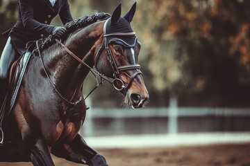 A horse and rider performing a dressage routine in an arena, with the horse gracefully executing intricate movements, showcasing the skill and elegance of this equestrian sport.
