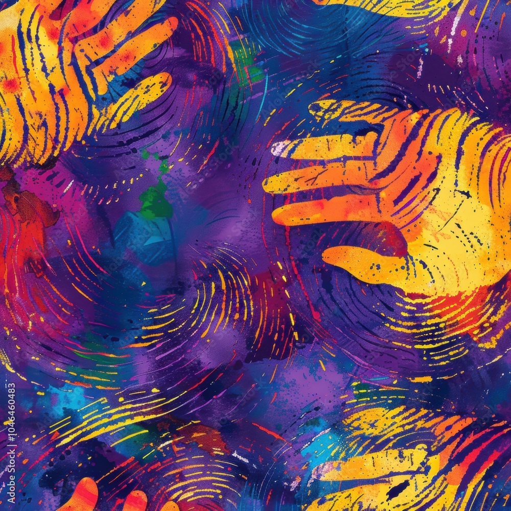 Poster a colorful abstract design with handprints and swirls. ai.