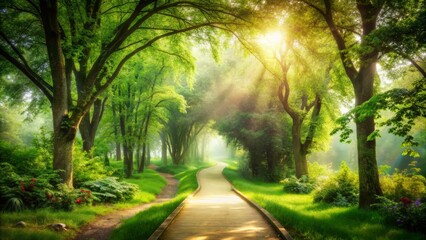 Obraz premium Enchanted Pathway in a Park: Serene Nature Walk, Lush Greenery, Tranquil Atmosphere, Double Exposure Effect, Dreamy Forest, Scenic Trail, Peaceful Escape, Natural Beauty