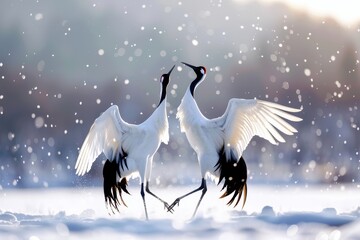 Japanese cranes dance in snow in Tsurui Hokkaido Japan © LimeSky
