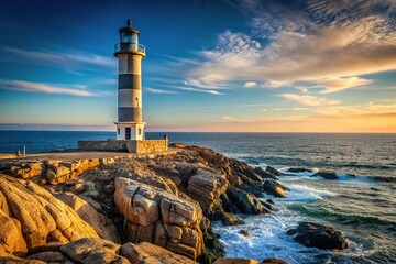 Obraz premium Distant lighthouse standing on the rocky coastline wallpaper, shoreline, coastal erosion, beachy, weathered stone