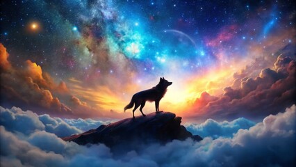 Ethereal Wolf Silhouette Emerging from Cosmic Clouds - Mystical Night Sky, Celestial, Fantasy, Nature, Wolf, Animal, Ethereal, 