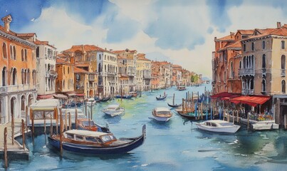 Obraz premium Watercolor Beautiful view of the Grand Canal with boats and colorful facades of old medieval houses from the Rialto Bridge in Venice, Italy. Venice is a popular