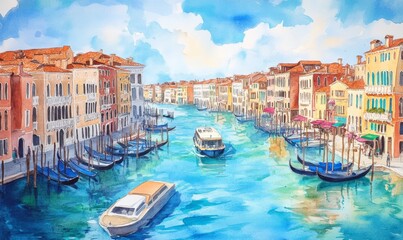 Fototapeta premium Watercolor Beautiful view of the Grand Canal with boats and colorful facades of old medieval houses from the Rialto Bridge in Venice, Italy. Venice is a popular