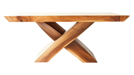 Modern wooden table with crossed leg design in natural finish showcasing craftsmanship and style.