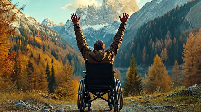Man in a wheelchair raising his arms triumphantly while overlooking a stunning mountain landscape. A powerful image of overcoming challenges and embracing adventure